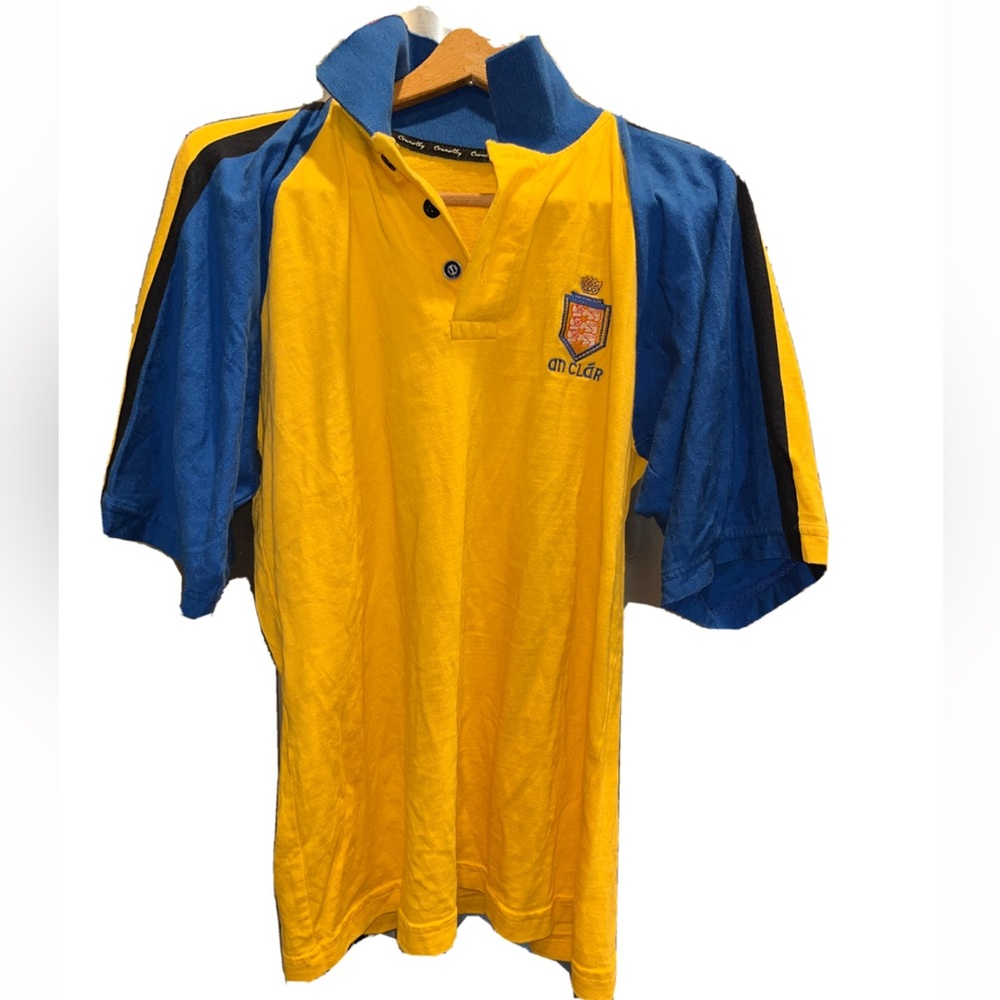 Connolly Yellow blue polo shirt AN Clar IRISH DANCE SCHOOL Short Sleeve Collar L